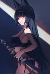 1girls big_breasts black_bra black_hair black_panties bra female fox_ears fox_girl garter_straps hoshimi_miyabi katana lace-trimmed_bra panties red_eyes shadows solo zenless_zone_zero