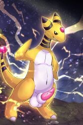 ampharos animal_genitalia anthro balls belly bodily_fluids darkanroc dripping electricity forest generation_2_pokemon genital_fluids genitals hi_res male nintendo plant pokemon pokemon_(species) precum precum_drip sheath short_sheath solo tail thick_sheath tree vein
