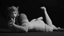anthro artist_request cat_nose final_fantasy final_fantasy_xiv furry hrothgar leg_lift leg_up lion_ears lion_tail lioness looking_at_viewer monochrome nude on_stomach pose posing smile square_enix stripes wuk_lamat