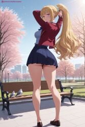 1girl ai_generated ass bangs blonde_hair blue_skirt blush breasts brown_footwear cherry_blossoms classroom_of_the_elite day full_body hair_ornament hair_scrunchie hi_res high_quality high_resolution jacket karuizawa_kei kiraamane loafers long_hair looking_at_viewer looking_back outdoors patreon pleated_skirt ponytail purple_eyes red_jacket school_uniform scrunchie seductive sexy shoes skirt sky smile solo tree uncensored watermark