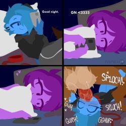 1:1 absurd_res animal_genitalia animal_penis balls bed bestiality blue_body blue_hair blush canid canine canine_genitalia canine_penis canis cellphone clothing comic couple_texting_in_bed domestic_dog electronics english_description english_text erection evilpala fellatio female feral feral_penetrating feral_penetrating_human feral_penetrating_male furniture genitals group hair hair_over_eye hi_res holding_object holding_phone hug human human_on_feral human_penetrated interspecies irrumatio jacket leash lying male male/male male_on_feral male_penetrated male_penetrating male_penetrating_male mammal on_back on_side oral oral_penetration penetration penile penile_penetration penis penis_in_mouth phone pillow purple_body purple_hair sex smartphone smile sound_effects text topwear trio