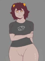 1girl 1girls 2016 alien alien_girl alien_humanoid black_eyes black_hair black_shirt blush blush_lines blushing bottomless bottomless_female child_bearing_hips crossgender dark_clothing eyebrows female female_only genderswap genderswap_(mtf) glistening glistening_body glistening_skin grey_background grey_body grey_skin hair hips hips_wider_than_shoulders homestuck homestuck_troll horns humanoid humanoid_genitalia humanoid_hands humanoid_pussy karkat_vantas legs looking_away ms_paint_adventures nervous nervous_expression nervous_face nervous_female nervous_look nervous_sweat nervous_sweating no_artist_signature orange_horn pussy rule_63 secretsecretson shirt shirt_only short_hair simple_background solo solo_female sweat sweating thick_hips thick_legs thick_thighs thighs topwear topwear_only yellow_sclera