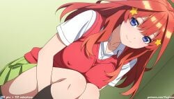 1girl 1girls absurd_res ahoge ai_assisted ai_generated anime ass black_socks blue_eyes blush boobs breasts bubble_butt butt curvaceous curvy curvy_figure from_above go-toubun_no_hanayome green_skirt hair_ornament high_resolution highres hourglass_figure huge_ass huge_butt indoors knees_up large_breasts light-skinned_female long_hair looking_at_viewer nakano_itsuki nipple one_breast_out patreon patreon_logo patreon_username red_hair red_sweater school_uniform sitting smile star_hair_ornament the_quintessential_quintuplets thick_thighs thighs veyluna voluptuous white_shirt wide_hips yellow_hair_ornament