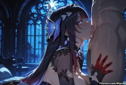 1boy 1girl ai_assisted ai_generated backlighting bangs bare_shoulders black_hair blue_eyes blush breasts curvaceous curvy curvy_female curvy_figure dress earrings elbow_gloves fellatio female floral_print gloves hair_ornament hetero honkai_(series) hysilens_(honkai:_star_rail) indoors jewelry kneeling large_breasts long_hair miyuai multicolored_hair night oral penis purple_hair saliva sky solo_focus streaked_hair symbol-shaped_pupils thick thick_ass thick_butt thick_hips thick_legs thick_thighs thighhighs very_long_hair voluptuous voluptuous_female wide_hips wide_thighs window