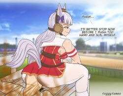 1boy 1boy1girl 1girl 2d 2d_(artwork) clothed english english_text facing_away fart fart_cloud farting farting_in_face farting_on_face foggyfumes gold_ship_(umamusume) sitting_on_face tagme umamusume