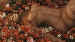 anthro artist_request cat_nose feathers final_fantasy final_fantasy_xiv flower flower_bed furry green_eyes hair_ornament hrothgar lion_ears lion_tail lioness looking_at_viewer nude on_back orange_fur orange_hair pose posing smile square_enix stripes wuk_lamat