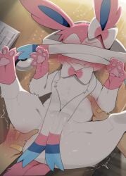 blush bodily_fluids covering covering_self dagasi eeveelution embarrassed female feral fingers first_person_view fur generation_6_pokemon genital_fluids hi_res human human_pov love_ball lying mammal mouth_closed multicolored_body multicolored_fur nintendo on_back pawpads paws pink_body pink_fur pink_tail pokeball pokemon pokemon_(species) pov_hands quadruped sweat sylveon tail vaginal_fluids