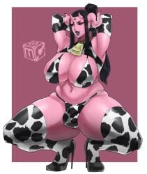 arms_behind_head big_breasts black_sclera bulge bulge_under_clothes cow_bell cow_print cowkini damndani_(vtuber) high_heel_boots huge_breasts pink_horns pink_skin sekushimagik spread_legs thick_thighs trans_woman