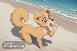 1980s_(style) 1990s_(style) 1girl ai_assisted ai_generated animal animalization awaiting_cum beach blue_eyes cum_in_hair cum_on_face cum_on_hands dog fellatio_gesture full_body furry illustration incredibly_absurdres kneeling lady_and_the_tramp looking_down naked no_humans open_mouth oral_invitation retro_artstyle solo tail tongue_out view_from_above white_fur yellow_fur