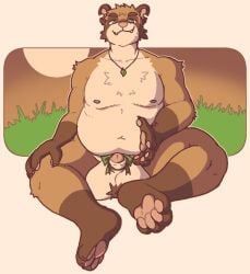 abstract_background accessory anthro balls belly big_balls big_balls_small_penis brown_body canid canine cuppalion disproportionate_genitalia foreskin genitals huge_balls humanoid_genitalia humanoid_penis jewelry looking_at_viewer male male_anthro mammal micropenis necklace nipples notched_ear nude_anthro nude_male pawpads paws penis penis_accessory penis_bow penis_ribbon raccoon_dog ribbons simple_background sitting slightly_chubby slightly_chubby_anthro slightly_chubby_male small_penis solo tan_background tanuki