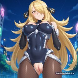 1girl ai_assisted ai_generated armor bare_shoulders black_bodysuit blonde_hair blush city cityscape clouds cowboy_shot crotchless curvy cynthia_(pokemon) dark_theme detailed_pussy dynamic_lighting elbow_gloves fishnets gloves hair_ornament hair_over_one_eye hands_on_chest high_contrast kagami_hirotaka koukawa_oboro long_hair looking_at_viewer neon_lights night night_sky outdoors soft_shading source_anime taimanin_asagi_zero taimanin_suit thigh_gap visible_pussy yellow_eyes
