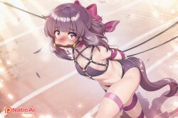 1girl absurdres ai_generated animal_ears bdsm bit_gag blush bondage bound bound_arms drooling fallen_shadow flat_chest flat_chested harness helpless highres horse_ears humiliation indie_virtual_youtuber naticai outdoors petite petplay pink_hair ponyplay public_humiliation shiny_skin shondo_(fallen_shadow) short_hair slave solo sweat virtual_youtuber vtuber