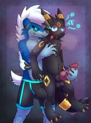 anthro balls belly black_body black_boxers black_clothing black_fur black_underwear blue_body blue_eyes blue_fur blush blush_lines bodily_fluids boxers_(clothing) clothing darkan_the_lycanroc darkanroc dripping duo eeveelution erection evil_grin eye_flame fangs fur generation_2_pokemon generation_7_pokemon genital_fluids genitals hi_res hypnosis knot lycanroc male male/male midnight_lycanroc mind_control nintendo paws pokemon pokemon_(species) precum precum_drip pyrite_(fauxpawe) red_blush saliva shiny_pokemon smile solo tail tail_motion tailwag teeth tongue tongue_out umbreon underwear vein veiny_knot wet_boxers white_body white_fur