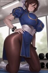 1girl ai_generated bangs blue_dress boots bracelet breasts brown_eyes brown_hair brown_legwear bun_cover china_dress chinese_clothes chun-li double_bun dress earrings hi_res high_quality high_resolution jewelry kneeling large_breasts lips looking_at_viewer pantyhose patreon pelvic_curtain puffy_short_sleeves puffy_sleeves sash seductive sexy short_sleeves smile solo spiked_bracelet spikes street_fighter thick_thighs thighs uncensored watermark white_footwear