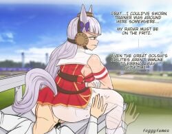 1boy 1boy1girl 1girl 2d 2d_(artwork) clothed english english_text facing_away foggyfumes gold_ship_(umamusume) hand_on_another's_ass hand_on_ass sitting_on_face tagme umamusume
