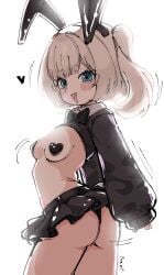 ass blonde_female blonde_hair blue_eyes blush clothed clothing ecchi female female_focus female_only flat_chest flat_chested froq_art gloves heart_shaped_pasties light-skinned_female light_skin marimari_en pale-skinned_female pale_skin pasties phase_connect reverse_bunnysuit short_hair squatting thin_female thin_waist vtuber white_hair