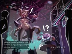 1_eye absurd_res anthro big_breasts black_nose bow_tie breasts brown_body brown_fur brown_hair camera_view clothing costume dialogue domestic_cat duo english_text exclamation_point fake_ears fake_rabbit_ears felid feline felis female front_view fur gameoverse glitch_productions hair hand_on_hip heart_pasties hi_res kaboodle_(gameoverse) kit_bodega l34ekomicu machine maebari male mammal metallic_body navel nipple_outline open_mouth pasties pink_eyes pubes question_mark rectangular_speech_bubble red_bow_tie red_eyes reverse_bunny_costume robot short_hair snaggle_tooth speech_bubble text thick_thighs whiskers wide_hips yellow_sclera