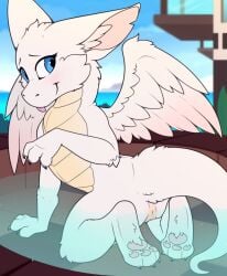 3_toes anthro biped blep blue_eyes butt colored digital_media_(artwork) dragon eyebrows feathered_wings feathers feet female female_anthro fur furred_dragon furred_scalie genitals hi_res hot_tub kneeling looking_at_viewer looking_back looking_back_at_viewer meraence mythological_creature mythological_scalie mythology partially_submerged pawpads paws presenting presenting_hindquarters raised_inner_eyebrows scalie shy smile smiling_at_viewer solo toes tongue tongue_out vulva water white_body white_fur wings