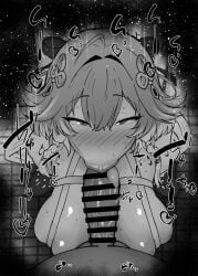 1boy 1girls :>= big_penis black_and_white blush breasts censored changli_(wuthering_waves) detailed_background drooling earrings eyelashes fellatio female hairclip heart human indoor inside kneeling kurotama looking_at_viewer male male_pov oral oral_sex penis pov room saliva shiny shiny_skin short_hair sketch sound_effects squatting sweat text tongue_out vein veins veiny veiny_penis wuthering_waves