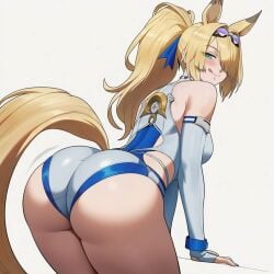 1girl absurdres animal_ears ass bare_shoulders blonde_hair blue_one-piece_swimsuit blush breasts commentary_request cowboy_shot english_commentary from_side hair_over_one_eye high_ponytail highres horse_ears horse_girl horse_tail large_breasts long_hair looking_at_viewer maxelartdesign mixed-language_commentary official_alternate_costume one-piece_swimsuit open_mouth ponytail sigrid_de_l'azur simple_background solo swimsuit tail two-tone_one-piece_swimsuit white_background white_one-piece_swimsuit zenless_zone_zero