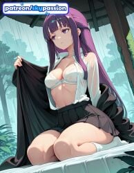 1girls 2026 ai_assisted ai_generated anime boobs bra breasts bus_stop bush bust fern_(sousou_no_frieren) forest frieren_beyond_journey's_end hi_res high_quality high_resolution highres long_hair nature outdoors patreon patreon_username purple_hair rain see-through skirt skypassion solo sousou_no_frieren stable_diffusion tits underwear watermark wet wet_clothes wet_shirt white_bra