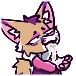 1:1 alpha_channel anthro blue_eyes bodily_fluids cum cum_drip cum_in_mouth cum_inside cum_on_hand dripping felid feline fur fynx_(neonfynx) genital_fluids looking_pleasured lynx mammal palms_up pawpads roxo_(artist) sticker tan_body tan_fur tongue tongue_out