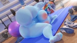 1girls 3d alternate_version_available ass barefoot completely_nude curvy fat_ass feet female female_only full_body gym my_little_pony naked naked_female nude nude_female pink_areola pink_hair rainbow_dash_(mlp) snuddy soles solo solo_female stretching surprised tagme toes voluptuous