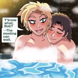 1boy 1girls 2d bare_shoulders bath bathhouse bathroom big_breasts blonde_hair blush breasts closed_eyes collarbone color dmile duo earrings eyeliner eyes female female_only front_view hair happy hugging hugging_from_behind human human_female human_male human_only in_water light-skinned_female light_skin makeup mana marvel marvel_cinematic_universe nude nude_female nudity open_eyes open_mouth partial_female piercing robert_reynolds short_hair short_hair_female simple_background spider-man:_brand_new_day spider-man_(series) spiky_hair steam upper_body water wet yelena_belova