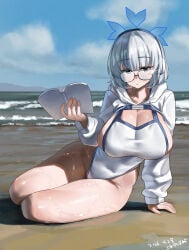 1girl absurdres beach black-framed_eyewear blue_archive blue_halo blue_sky breasts cleavage cloud collarbone commentary covered_navel dated glasses halo highleg highleg_one-piece_swimsuit highres holding holding_notebook hooded_shrug large_breasts long_sleeves looking_at_viewer multicolored_one-piece_swimsuit notebook one-piece_swimsuit round_eyewear sand shangdi_de_fa_zhang short_white-haired_odyssey_student_(blue_archive) shrug_(clothing) sky solo swimsuit thighs translation_request water white_one-piece_swimsuit white_shrug
