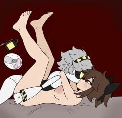 1boy 1girls areolae bow breasts brown_hair clothing cum_in_pussy cumming cumming_in_pussy cumming_inside cumming_while_penetrating freckles glitch_productions hairbow kissing murder_drones n_(murder_drones) nude nude_male on_bed ripped_clothing ripped_pants robot robot_boy robot_penis tessa_elliot