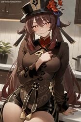 1girl ai_generated bangs black_headwear black_skirt blush breasts brown_hair closed_mouth flower genshin_impact hand_on_own_chest hat hi_res high_quality high_resolution hu_tao_(genshin_impact) indoors large_breasts long_hair long_sleeves looking_at_viewer miniskirt patreon plant potted_plant red_eyes red_flower seductive sexy sitting skirt smile solo uncensored vase very_long_hair watermark