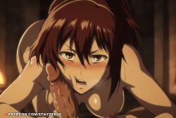 1boy 1girl ai ai_art ai_generated all_fours anime_coloring blush breasts brown_eyes brown_hair cheek_press completely_nude erection hair_between_eyes hetero indoors large_breasts looking_at_viewer medium_breasts nipples nude open_mouth penis penis_on_face ponytail pov saliva sasha_braus shingeki_no_kyojin solo_focus uncensored veins veiny_penis