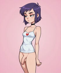 -free 1futa ai_generated boobly bored choker flaccid foreskin futa futanari purple_hair short_hair solo standing tank_top twintails