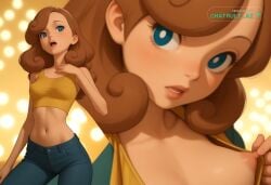 1girl 8k absurd_res accessories ai_assisted ai_generated beautiful blue_eyes brown_hair close_up cowboy_shot crop_top depth_of_field face_focus fingering high_detail high_res hires jeans jeans_down katrielle_layton legs_open lights_off lipstick looking_at_viewer looking_back_at_viewer masturbating midriff moaning model_pose narrow_waist nip_slip open parody perfect_anatomy perky_nipples pinup posing pubic_hair pussy_exposed realistic solo squatting upper_body