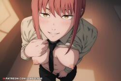 1girl ai ai_art ai_generated black_necktie black_pants blush breasts chainsaw_man clothes_lift clothes_pull collared_shirt female_pubic_hair from_above grin indoors lifted_by_self long_sleeves looking_at_viewer makima_(chainsaw_man) medium_breasts navel necktie nipples no_bra no_panties pants pants_pull parted_lips pubic_hair pulled_by_self pussy red_hair ringed_eyes seductive_smile shirt shirt_lift sidelocks smile solo white_shirt yellow_eyes