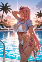 1girl ai_assisted ai_generated bangs beach bikini bracelet breasts can curvaceous curvy curvy_female curvy_figure earrings eyebrows_visible_through_hair eyewear_on_head female hair_ornament highleg highleg_bikini holding_can huge_breasts ingrid_(taimanin_asagi) jewelry lips long_hair looking_at_viewer miyuai navel ocean palm_tree pink_hair pool poolside shirt sky solo sunglasses swimsuit taimanin_(series) taimanin_asagi tattoo thick thick_ass thick_butt thick_hips thick_legs thick_thighs thighs tied_shirt tree voluptuous voluptuous_female water wet wet_clothes white_bikini wide_hips wide_thighs yellow_eyes