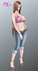 1girls 2d 2d_(artwork) bare_shoulders beautiful_woman belt belted black_high_heels blushing blushing_female brown-haired_female busty_woman cleavage collarbone curvy_female fdr46 female_focus female_only heavenly_body highres huge_breasts huge_tits jeans long-haired_female massive_breasts mature_female mature_woman original pink_bra pink_eyes pink_lingerie simple_background solo_female someone_else's_oc standing thong thong_above_pants tight_pants unbothered watermark