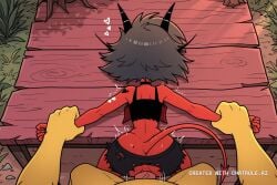 1girl ai_assisted ai_generated anal anal_sex arms_held_behind_back arms_pulled_back asleep bare_arms black_choker black_eyes blushing colored_sclera colored_skin demon_girl demon_horns demon_tail doggystyle embarrassed eyes_closed grey_hair heart_tattoo helluva_boss hypno midriff millie millie_(helluva_boss) mole_under_eye no_humans outdoors passed_out perky_tits prone_bone red_skin rough_sex short_hair shortstack shoulder_tattoo sleeping thick_cock yellow_sclera