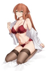 1girl absurdres armpit_crease bra breasts brown_hair casperrin cleavage collarbone commentary english_commentary full_body girls'_frontline girls'_frontline_2:_exilium green_eyes highres kneeling large_breasts long_hair looking_at_viewer navel open_clothes open_shirt panties parted_lips red_bra red_panties shirt simple_background skindentation solo springfield_(girls'_frontline) stomach thighhighs thighs underwear undressing very_long_hair white_background white_shirt