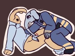 4:3 ambiguous_gender animal_hospital_(roblox) anthro clothed clothing duo elephant elephantid firefighter_(animal_hospital) fully_clothed hi_res inhabitedartist intern_(animal_hospital) lagomorph leporid male male/ambiguous mammal partially_clothed proboscidean proboscis_(anatomy) rabbit text trunk_(anatomy) trunk_play tusks uniform