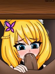 black_penis blonde_female blonde_hair blue_eyes blush blush_lines blushing fellatio hidden_sex millymusiic penis_in_mouth saliva saliva_on_penis tony_x_play tonyxplay vtuber vtuberfanart