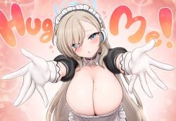 1girl absurdres apron asuna_(blue_archive) black_dress blonde_hair blue_archive blue_eyes breasts choker cleavage commentary_request dress gloves greenteamousou hair_over_one_eye halo headphones highres huge_breasts imminent_kiss long_hair looking_at_viewer maid maid_apron maid_headdress open_mouth puffy_short_sleeves puffy_sleeves reaching reaching_towards_viewer short_sleeves solo white_gloves