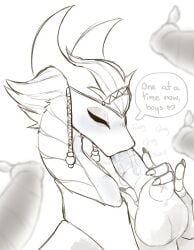 anthro arthropod balls big_balls big_penis biped bodily_fluids cum cum_in_mouth cum_inside dialogue disembodied_penis dragon drinking drinking_cum erection eyes_closed fellatio female furgonomic_headwear furgonomics genital_fluids genitals group hi_res horn hybrid insect jewelry long_neck male male/female mythological_creature mythological_scalie mythology neck_bulge non-mammal_hair one_after_another oral penile penis penis_grab penis_in_mouth proxicute saliva saliva_on_penis scalie segmented_body serbi_(proxicute) sex speech_bubble