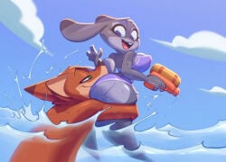 anthro anthro_on_anthro big_butt bigdad breasts butt canid canine clothed clothing disney duo european_rabbit female fox fur green_eyes grey_body grey_fur hug hugging_another hugging_butt judy_hopps lagomorph leporid looking_back male male/female mammal nick_wilde open_mouth open_smile orange_body orange_fur oryctolagus purple_eyes rabbit red_fox smile summer toy toy_gun true_fox water water_gun wet zootopia