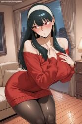 1girl ai_generated bangs bare_shoulders black_hair black_legwear blush breasts collarbone dress earrings hairband hi_res high_quality high_resolution huge_breasts indoors jewelry large_breasts long_hair looking_at_viewer off-shoulder_sweater off_shoulder pantyhose parted_lips patreon red_eyes red_sweater savvyraexo seductive sexy solo spy_x_family sweater sweater_dress thighs uncensored watermark yor_briar
