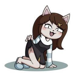 anthro blush cartoon_hangover claire_(the_summoning) clothed female kcn kneeling looking_at_viewer mammal pleated_skirt skirt_lift slippers teasing