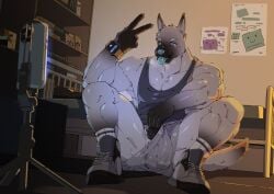 anthro balls_outline black_body black_fur bodily_fluids bottomwear bulge canid canine canis cellphone clock clothing detailed_bulge domestic_dog electronics footwear fur genital_outline gesture grey_body grey_fur hand_gesture hi_res inside kemono male mammal multicolored_body multicolored_fur muscular muscular_anthro muscular_male penis_outline phone pointy_ears pubes selfie shirt shoes shorts smartphone sneakers socks solo sweat sweatdrop tank_top topwear two_tone_body two_tone_fur v_sign watch wristwatch yellowquagsire