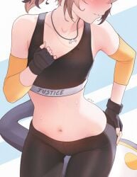 1girls blush crotch elbow_brace face_out_of_frame female gigi_murin hololive hololive_english hololive_english_-justice- midriff navel petite sk_jynx small_breasts solo sweat tail thin_female tummy virtual_youtuber vtuber workout_clothes