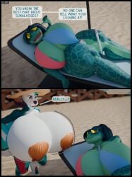 3d 3d_(artwork) anthro beach big_breasts bikini blender blender_(artwork) blender_(software) blender_cycles breasts breasts_bigger_than_head breasts_bigger_than_torso comic duo enormous_breasts female frog furry greg_(artist) huge_breasts humor hybrid hyper hyper_breasts koi koi_fish looking_at_another's_breasts looking_at_breasts looking_at_viewer lounge_chair massive_breasts motion_lines oc ocs original_character original_characters pasties sakana_(greg) self_upload sphynx_(cat) sunglasses trans_(lore) trans_woman_(lore) two_panel_image umeko_(greg)