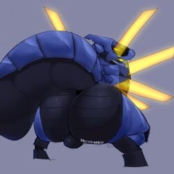 1:1 absurd_res archenarie balls big_butt blue_body butt genitals hi_res machine male new_blood_interactive nude robot scalie simple_background solo synth_(vader-san) tail thick_thighs ultrakill v1_(ultrakill)